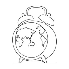 Continuous one line drowing of earth clock and Earth hour concept single line art illustration.
