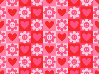 Groovy Hearts and flowers Seamless Pattern. Vector Background in 1970s-1980s Hippie Retro Style for Print on Textile, Wrapping Paper, Web Design and Social Media. Pink and Purple Colors.