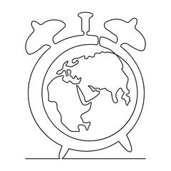 Continuous one line drowing of earth clock and Earth hour concept single line art illustration.
