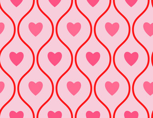 Groovy Hearts Seamless Pattern. Vector Background in 1970s-1980s Hippie Retro Style for Print on Textile, Wrapping Paper, Web Design and Social Media. Pink and Purple Colors. - 713236711