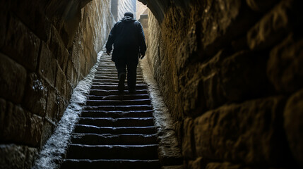 the silhouette of a man climbing stone stairs from a dark basement through a narrow stone brick...