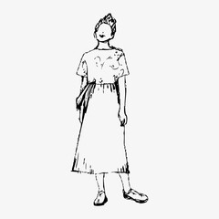 Young beautiful girl, hand sketch ink pen fictional character. Flat vector illustration isolated on white