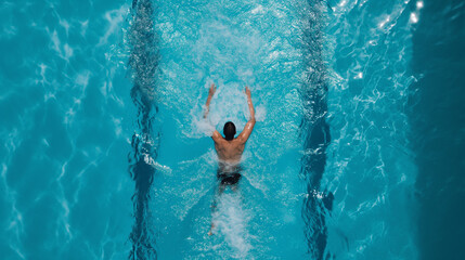 Homem nadando em uma piscina visão aérea  - obrazy, fototapety, plakaty