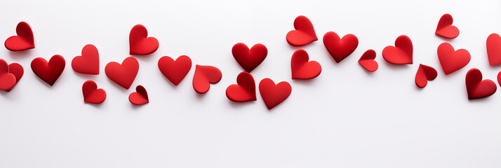 Red hearts on white background banner. Valentine's Day. Panoramic web header with copy space. Wide screen wallpaper