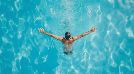 Homem nadando em uma piscina visão aérea  - obrazy, fototapety, plakaty