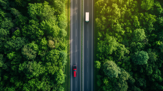Uma estrada com carros cruzando a floresta verde - Visão Aérea 