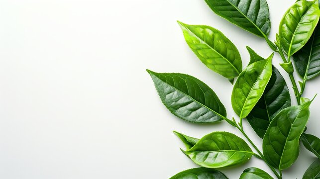On a white background with empty space, green tea leaves, from above, Generative AI.