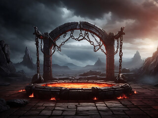 Game battle arena background with hell landscape design with stone circle platform hanging on metal chains design. - obrazy, fototapety, plakaty