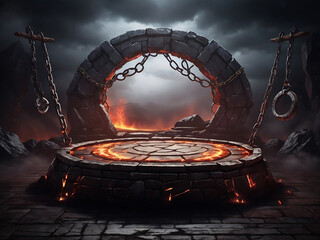 Game battle arena background with hell landscape design with stone circle platform hanging on metal chains design.