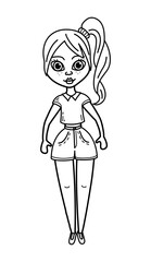 Coloring page girls doll line art. Woman in shorts and shirt. Hand drawn illustration.