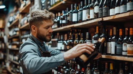 One bottle is taken off the shelf in the cellar shop by a male employee of a restaurant, Generative AI. - obrazy, fototapety, plakaty