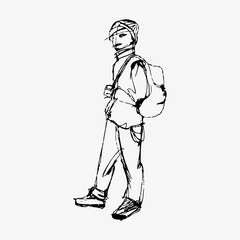 Teenage boy, hand sketch ink pen fictional character. Flat vector illustration isolated on white