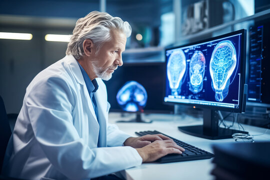 Senior medical research male scientist works with brain scans. Man aims to unravel subtle complexities that underlie neurological disorders, close-up