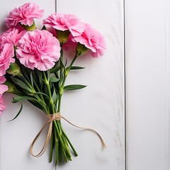 Vibrant Pink Carnations with Soft Petals and Ribbon Bow on White Wooden Background