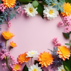 Colorful Spring Flowers Frame on Pink Background for Seasonal Designs
