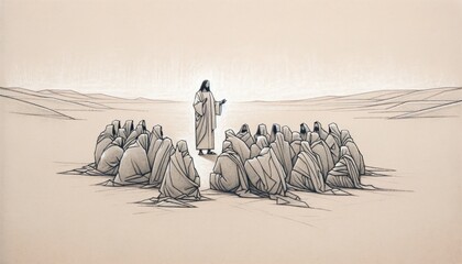Illustration of Jesus ministry. Jesus Christ preaching in the desert - obrazy, fototapety, plakaty