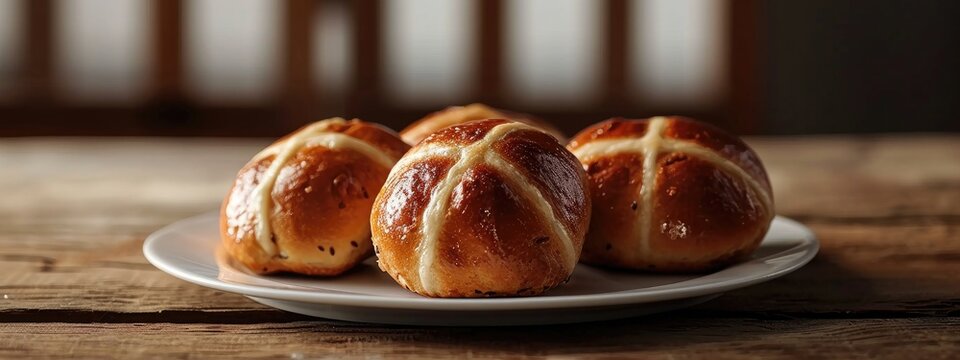 Easter. Good Friday. Homemade hot cross buns on a plate on a wooden table - Powered by Adobe