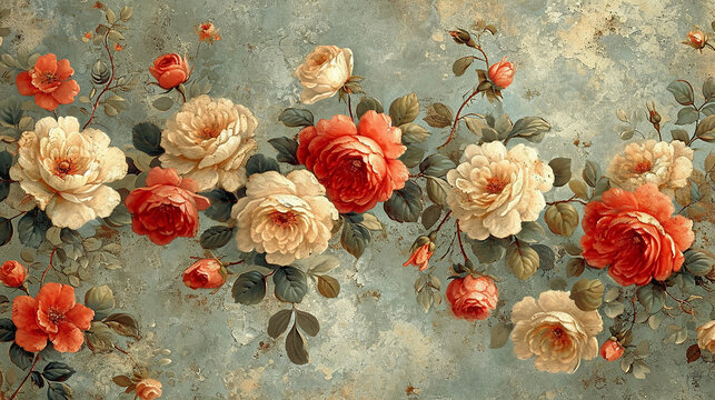 A charming vintage wallpaper featuring a delightful assortment of botanical flowers, adorned with a classic motif, perfect for creating floral print digital backgrounds
