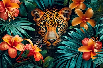 Foto op Canvas Tropical exotic pattern with animal and flowers in bright colors and lush vegetation  © assia