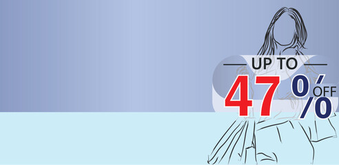 create an enticing banner for a 47 percent discount on a product or service, illustration shopping girl lineart design