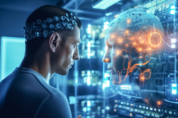 Engineer with sensors on head works on brain computer interface. Exemplifying intersection of neuroscience and engineering to unlock new dimensions of cognitive connectivity