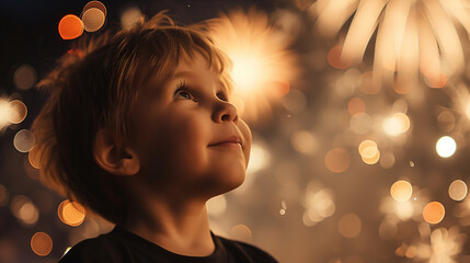 an adorable child looks up at the sky and watches the beautiful fireworks in fascination - obrazy, fototapety, plakaty