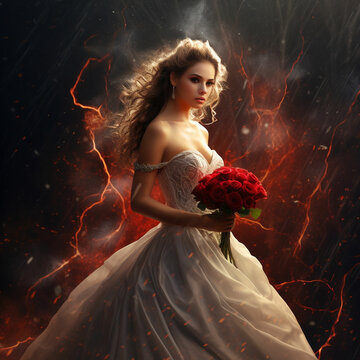 a bride wearing a beautiful red weeding dress and holding a bouquet of red roses in her hand