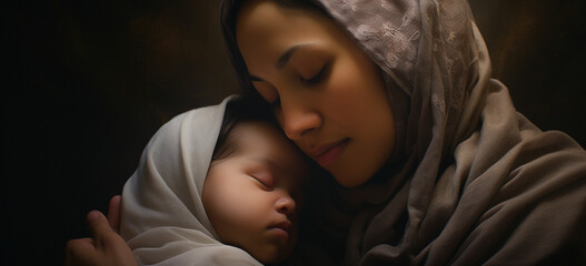 The mother holds the sleeping baby in her arms