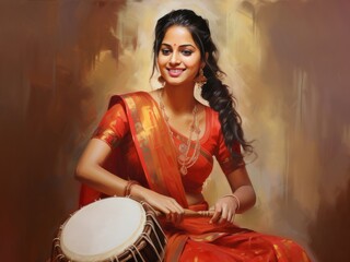 Fototapeta premium Beautiful Indian woman playing traditional musical instrument
