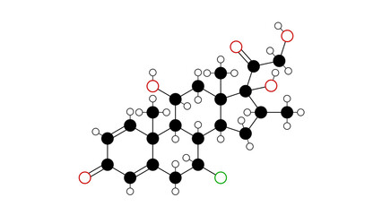 alclometasone molecule, structural chemical formula, ball-and-stick model, isolated image synthetic corticosteroid