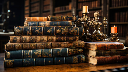 library books  in the Old vintage library stack 

