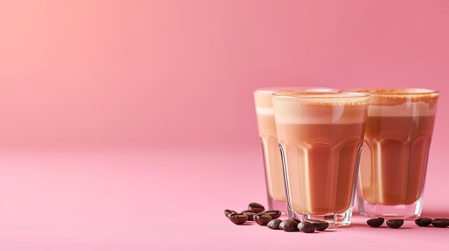 Three varying-flavored coffee glasses set on an attractive pink backdrop, space, Generative AI.