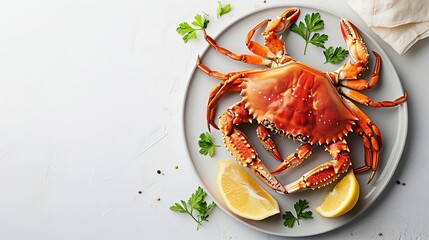 Top view of a bowl of raw crab kept on plate with a big copy space on white backdrop, Generative AI. - obrazy, fototapety, plakaty