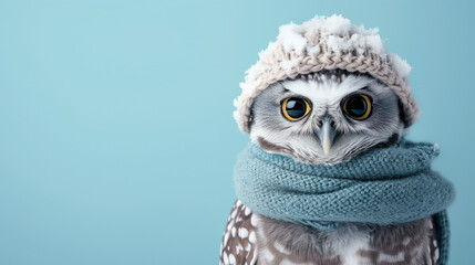 Adorable Snow Owl Portrait in Winter Hat: Cute and Cozy Vibes. Copy space. 