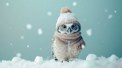 Obraz premium Adorable Snow Owl in Winter Hat: Cute and Cozy Vibes. Copy space. 