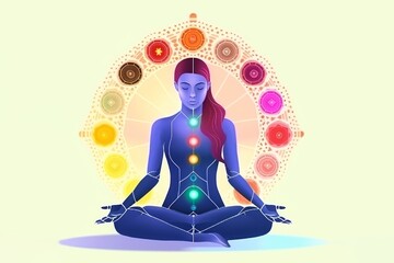 A woman in yoga meditation with seven chakras symbols. Illustration