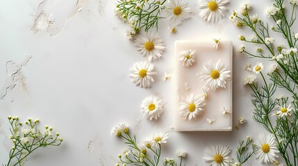 Top view of handmade white chamomile white soap with flowers against a clean backdrop, Generative AI. - obrazy, fototapety, plakaty