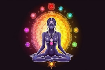 Fototapeta na wymiar A woman in yoga meditation with seven chakras and Yin Yang symbols. Chakras set muladhara, swadhisthana, manipura, anahata, vishuddha, ajna, sahasrara
