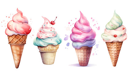 Watercolor illustration set with ice cream. Isolated on transparent background. Perfect for card, postcard, tags, invitation, printing, wrapping.