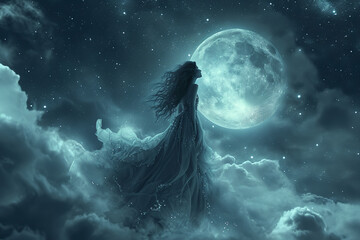 woman in the night with the moon
