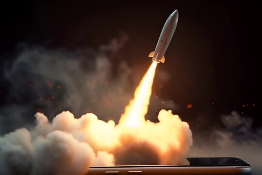Rocket on coming out of mobile screen, cell phone, startup concept, black background.