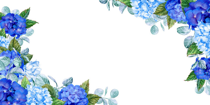 Lush blue hydrangea corners for design of Cards and invitations