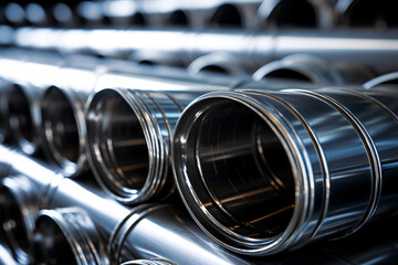 Gleaming chrome pipes and steel supplies neatly arranged in a logistics facility. Shiny materials ready for manufacturing - obrazy, fototapety, plakaty