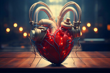 Heart with headphones on a wooden table. 3d rendering toned image