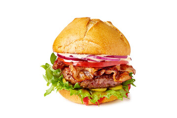 Double burger with beef patty isolated on white