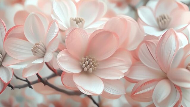 An elegant image depicting cherry blossoms blooming on a branch in soft shades of pink and white
