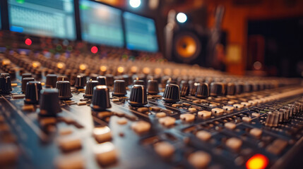 A close up view of sound mixer console in a recording studio