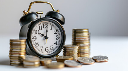 Vintage golden alarm clock with stacks of coin. Time and money for financial concept. Copy space.