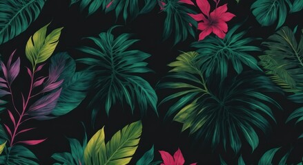 Tropical leaves and flowers in the night style for men`s prints. Seamless vector jungle wallpaper pattern black background, generative, AI
