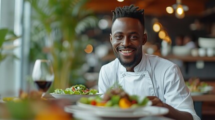A happy African male chef having meal in restaurant with a big copy space, Generative AI.